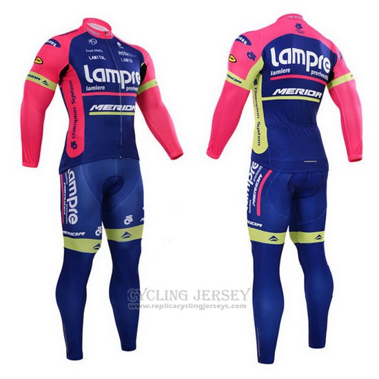 2015 Cycling Jersey Lampre Merida Pink and Blue Long Sleeve and Bib Tight